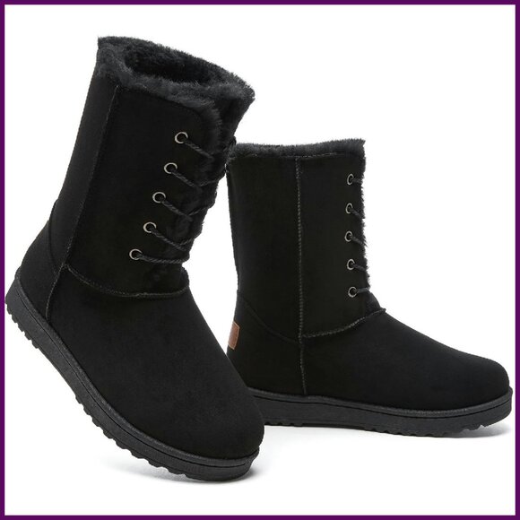 Women's Mid Calf Winter Boots Lace Up Fuzzy Warm Snow Booties